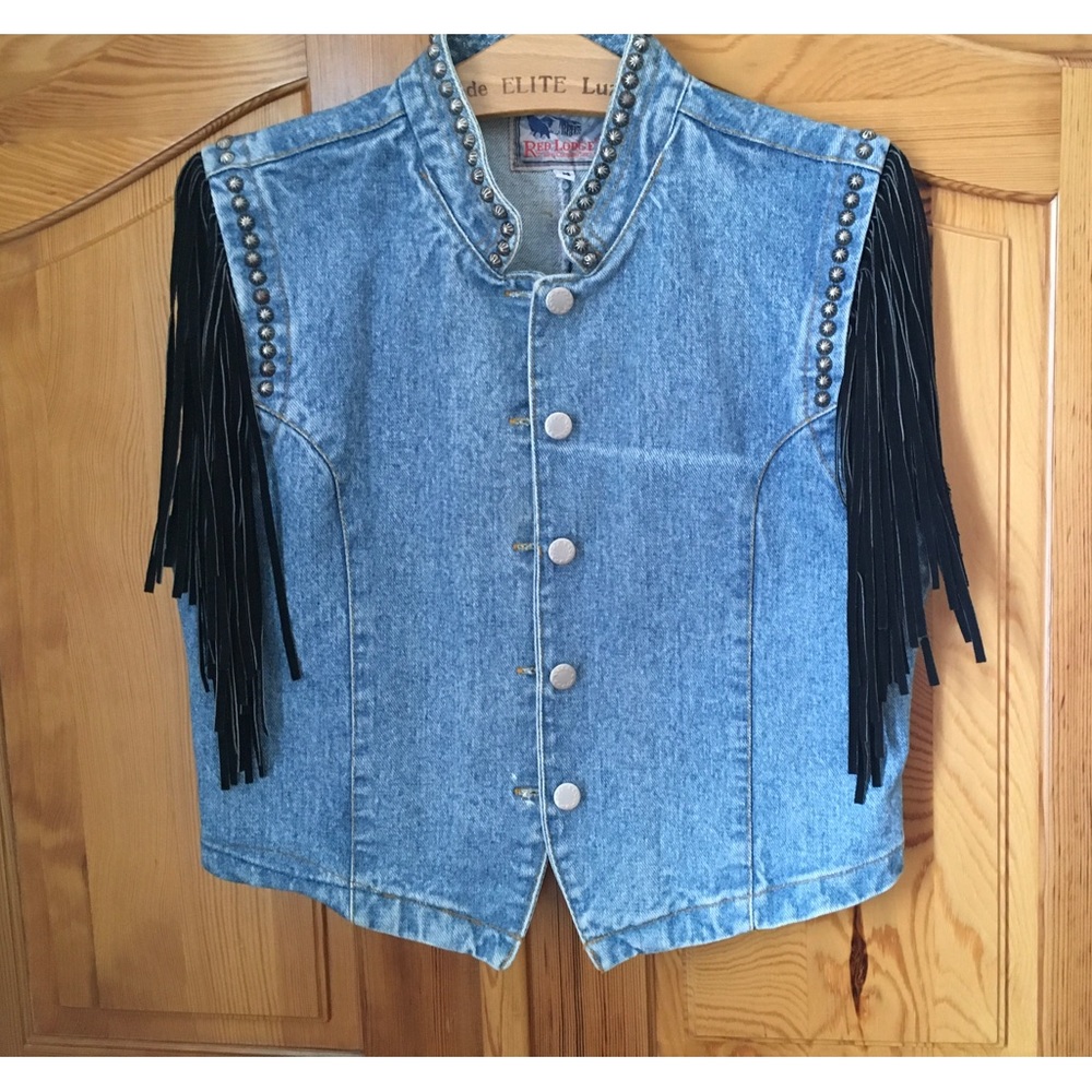 Real Western Denim Leather fringe Vest Vintage in Awesome Condition